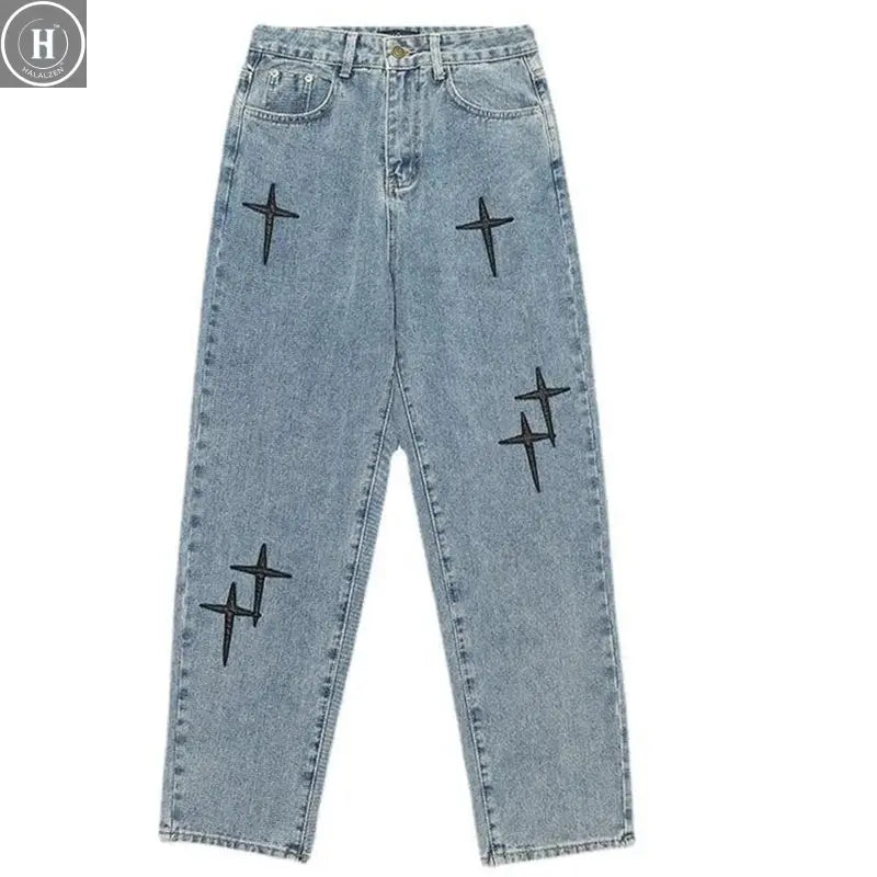 Boyfriend Vintage Fashion Straight Casual Loose Denim Cargo Pants Men Designer Prints Star Jeans Streetwear Loose Wide Leg Jeans HALALZEN