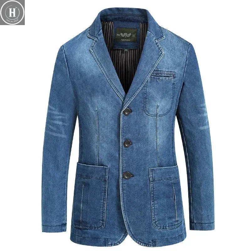 Autumn Men Denim Coat Vintage Washed Turn Down Collar Long Sleeve Male Jacket Single-breasted Business Casual Man Outerwear HALALZEN