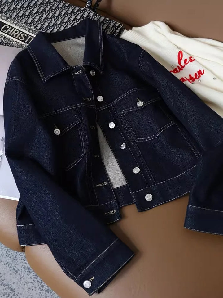 Vintage Bright Line Color Collision Workwear Denim Jacket Female Spring and Autumn Thin Small Thin Short Student Blouse Jacket