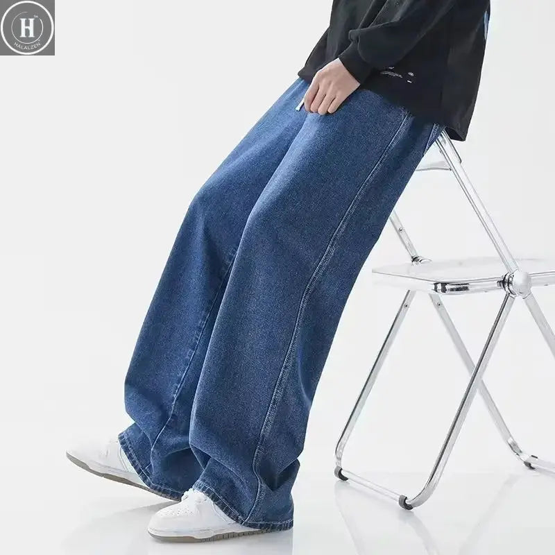 Men's Winter Fleece Loose Jeans  Elastic Waist Wide Leg Y2K Denim Pants Straight Comfortable Brand Men's Clothing HALALZEN