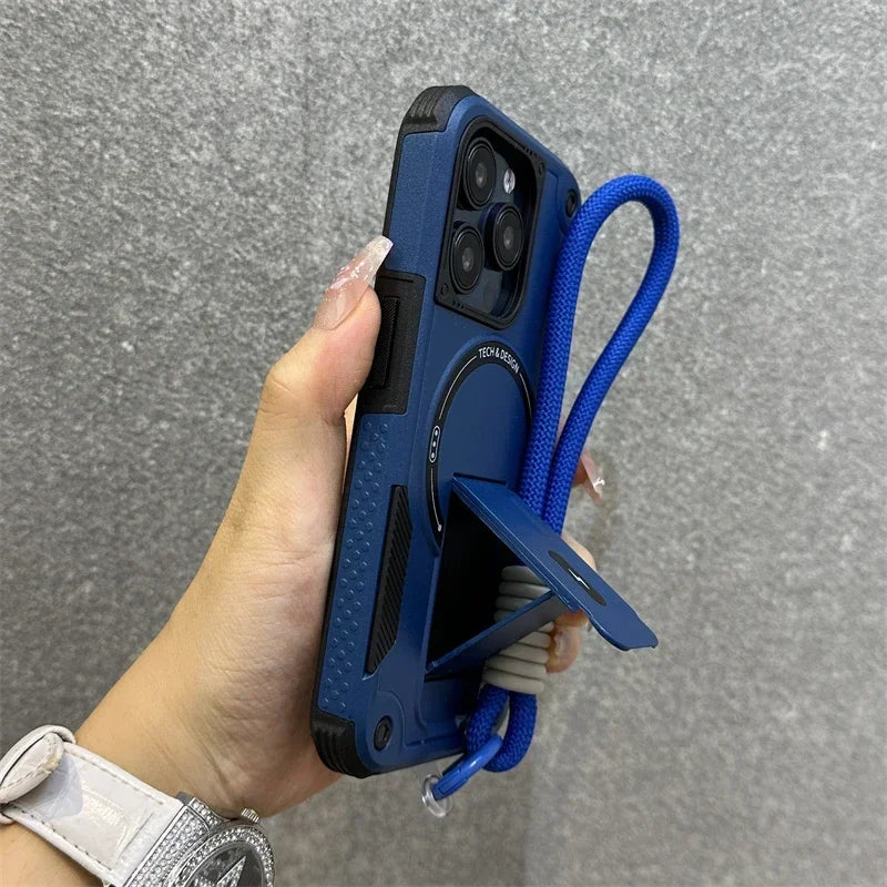 For Magsafe Case for IPhone 17 16 14 13 11 12 15 Pro Max Plus Magnetic Wireless Charging Wrist Strap Stand Hard Anti-fall Cover