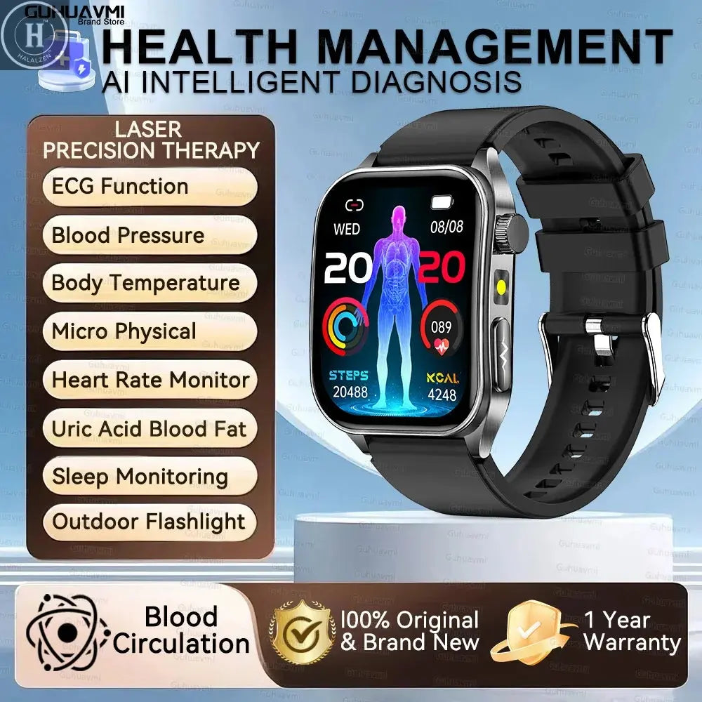 2026 New Health Smart Watch Laser Therapy Reduce Three Highs Blood Oxygen Pressure Uric Acid Blood Lipid ECG Smartwatch For Man HALALZEN