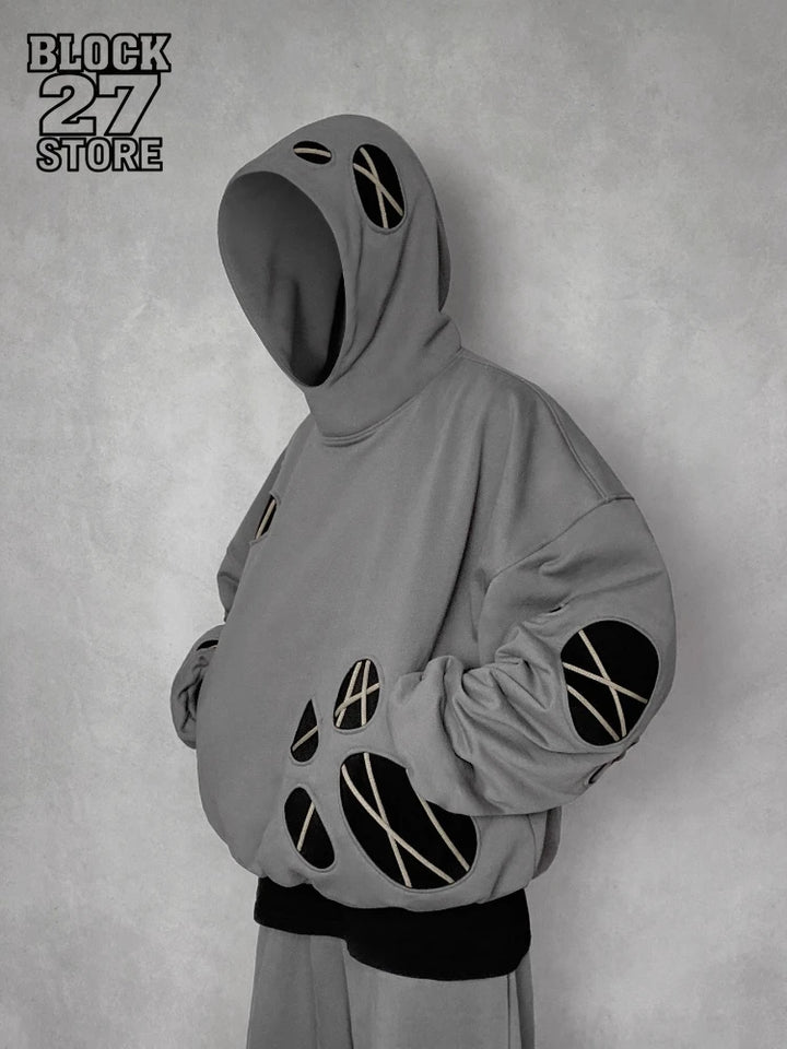 Harajuku Hoodie Men Streetwear American Loose Fit Pullover Sweatshirt Distressed Hole Design Retro Hip Hop Style Autumn Winter