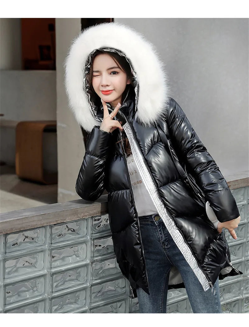 2024 New Women Jacket Winter Parkas Long Coat Fur Collar Hooded Glossy Overcoat Female Cotton Padded Parka Waterproof Outwear