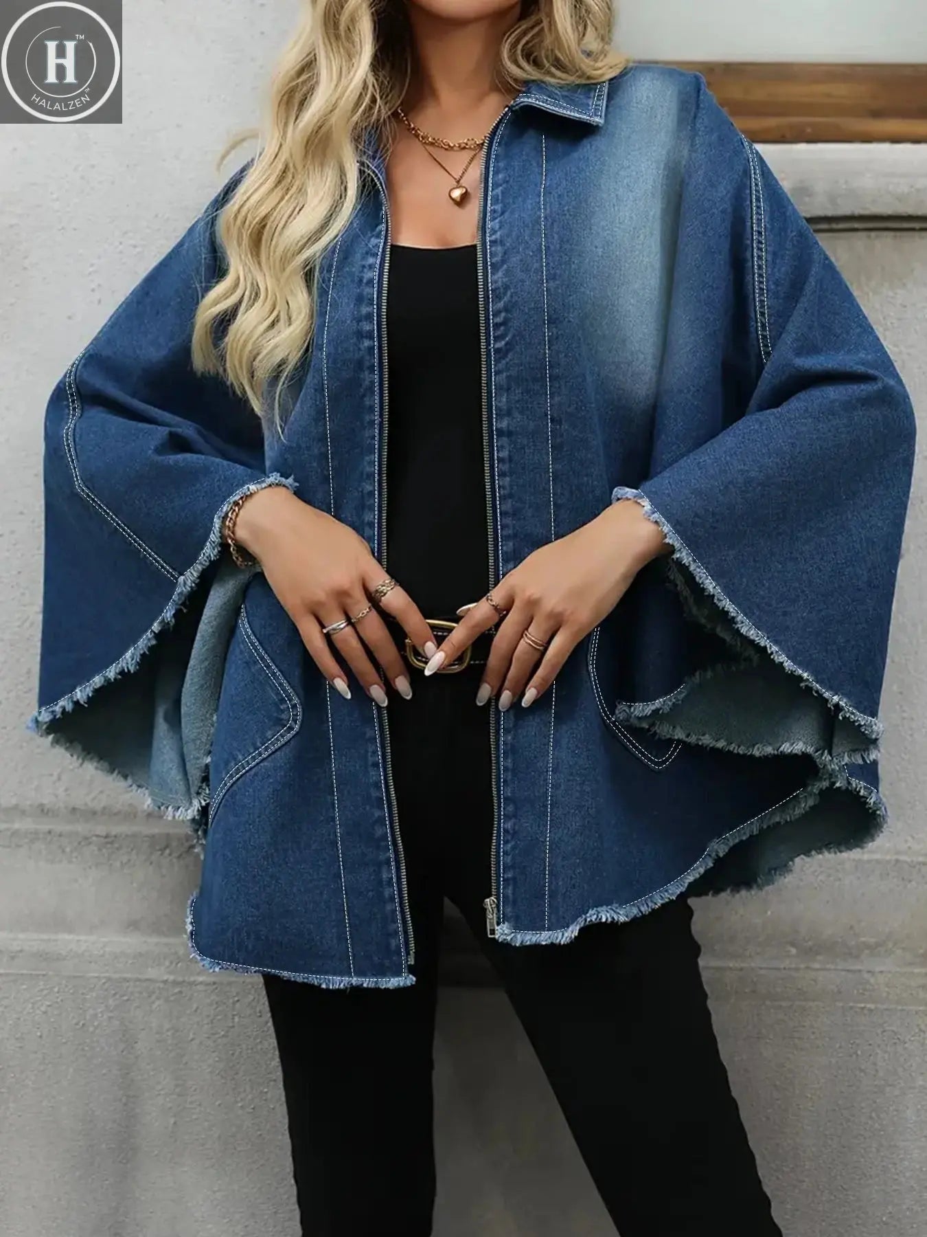 Plus Size Women's Denim Jacket Loose Fit with Frayed Hem And Cloak Design Casual Comfortable plus Size Women's Jeans Jacket Halalzen UK