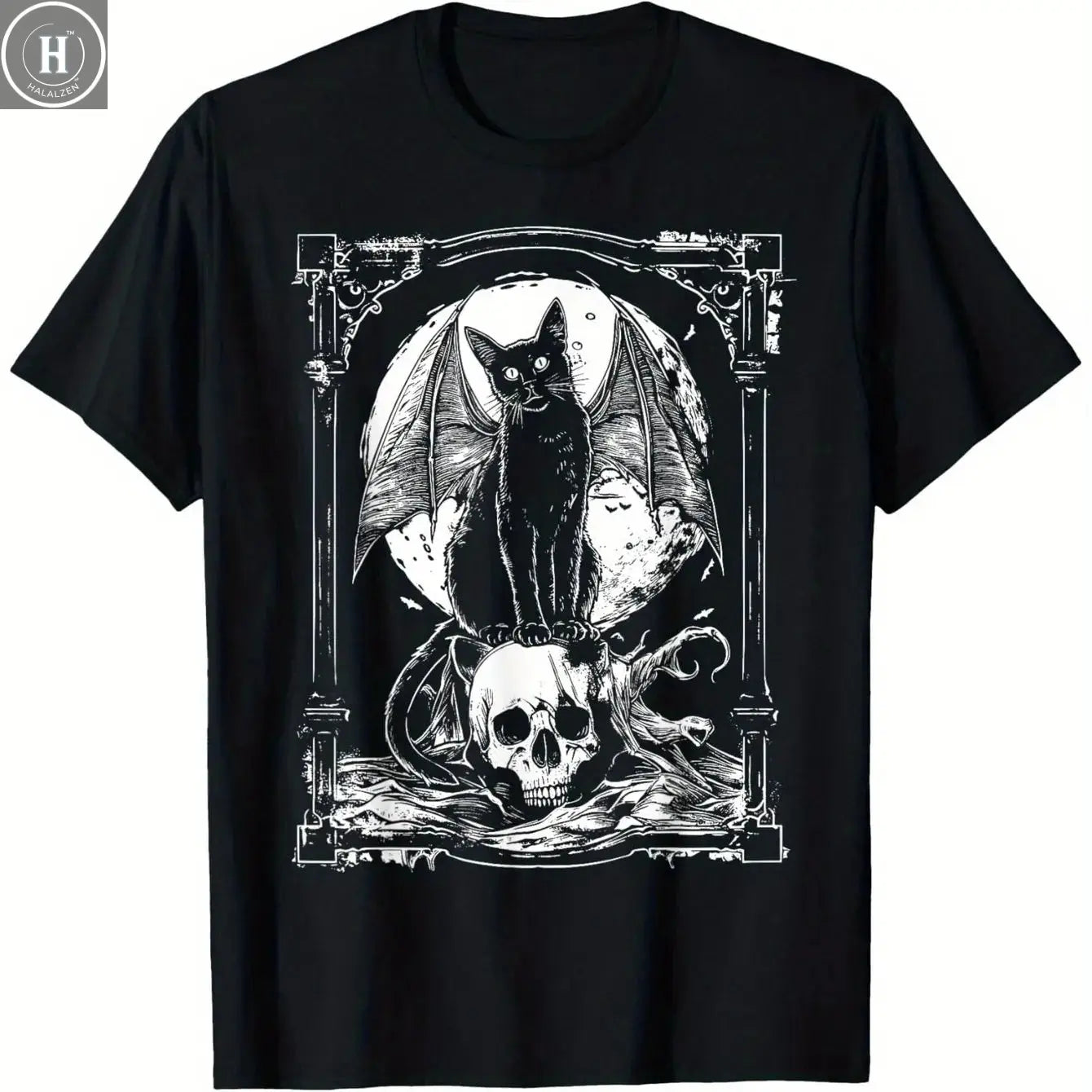 Mystical Bat Skull Gothic Graphic T-Shirt Unisex Black Metal Punk Style 100% Cotton Perfect Outdoor Casual Edgy Fashion HALALZEN