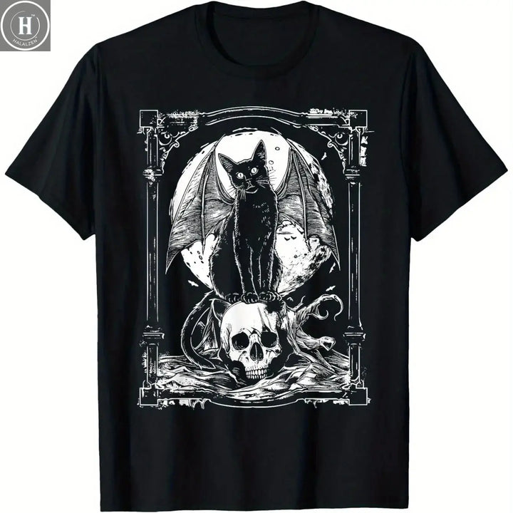 Mystical Bat Skull Gothic Graphic T-Shirt Unisex Black Metal Punk Style 100% Cotton Perfect Outdoor Casual Edgy Fashion HALALZEN