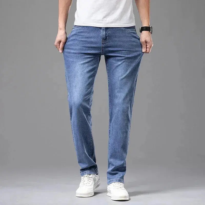 Summer Elastic Men's Jeans Fashion Gray Comfortable Business Straight Stretch Cotton Casual Denim Pants Brand Male Thin Trousers Halalzen UK