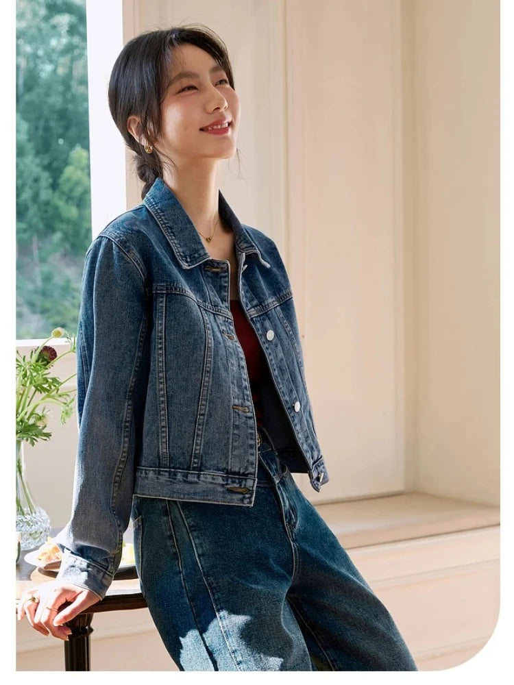 VIMLY Women's Cropped Denim Jacket 2025 Autumn Vintage Washed Jeans Jacket Casual Loose Female Outerwear Woman Clothing 73916