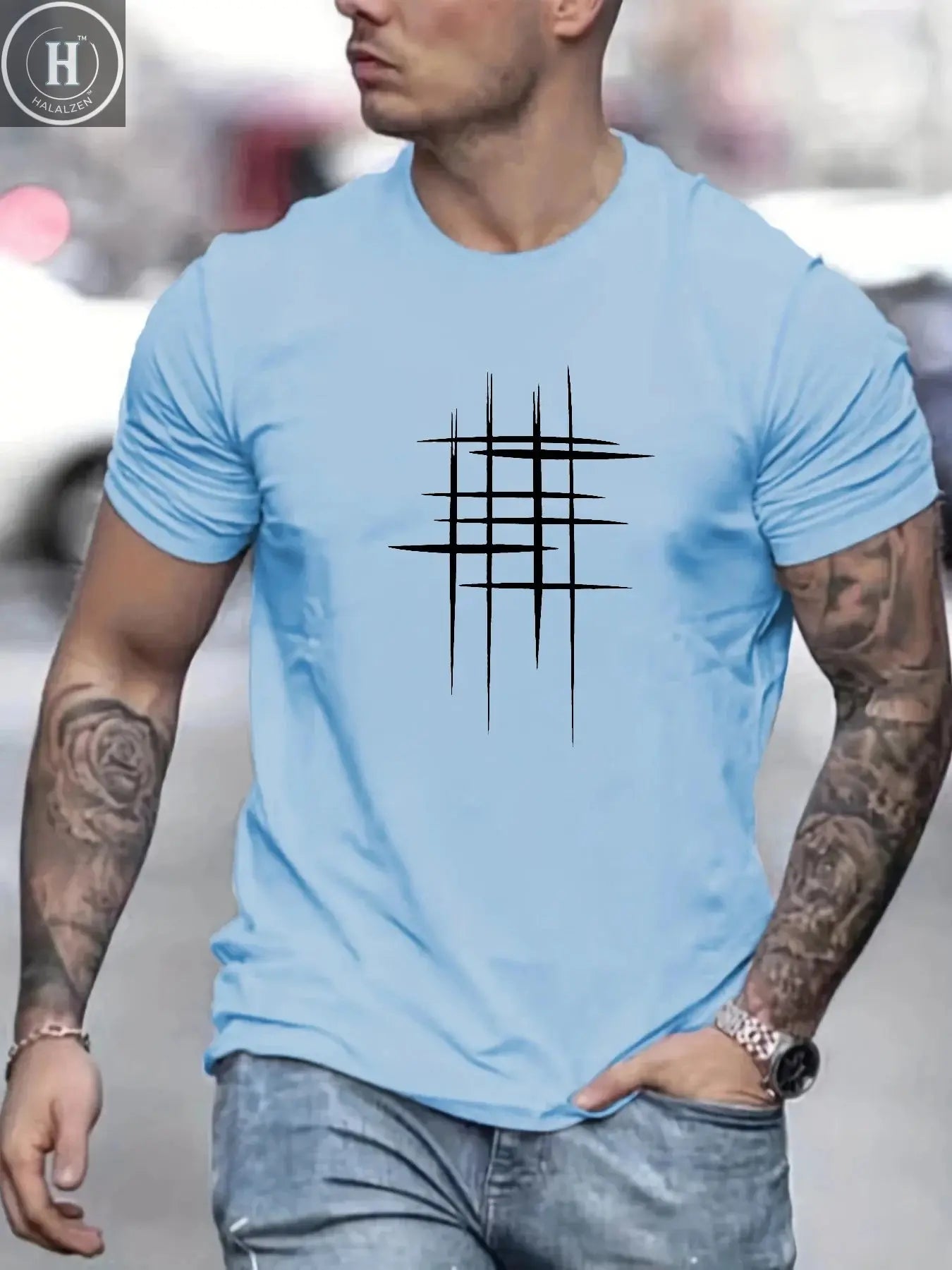 Summer Men's 100% Cotton Casual Loose Size Graphic Line Print Round Neck Short Sleeve T-shirt Top HALALZEN