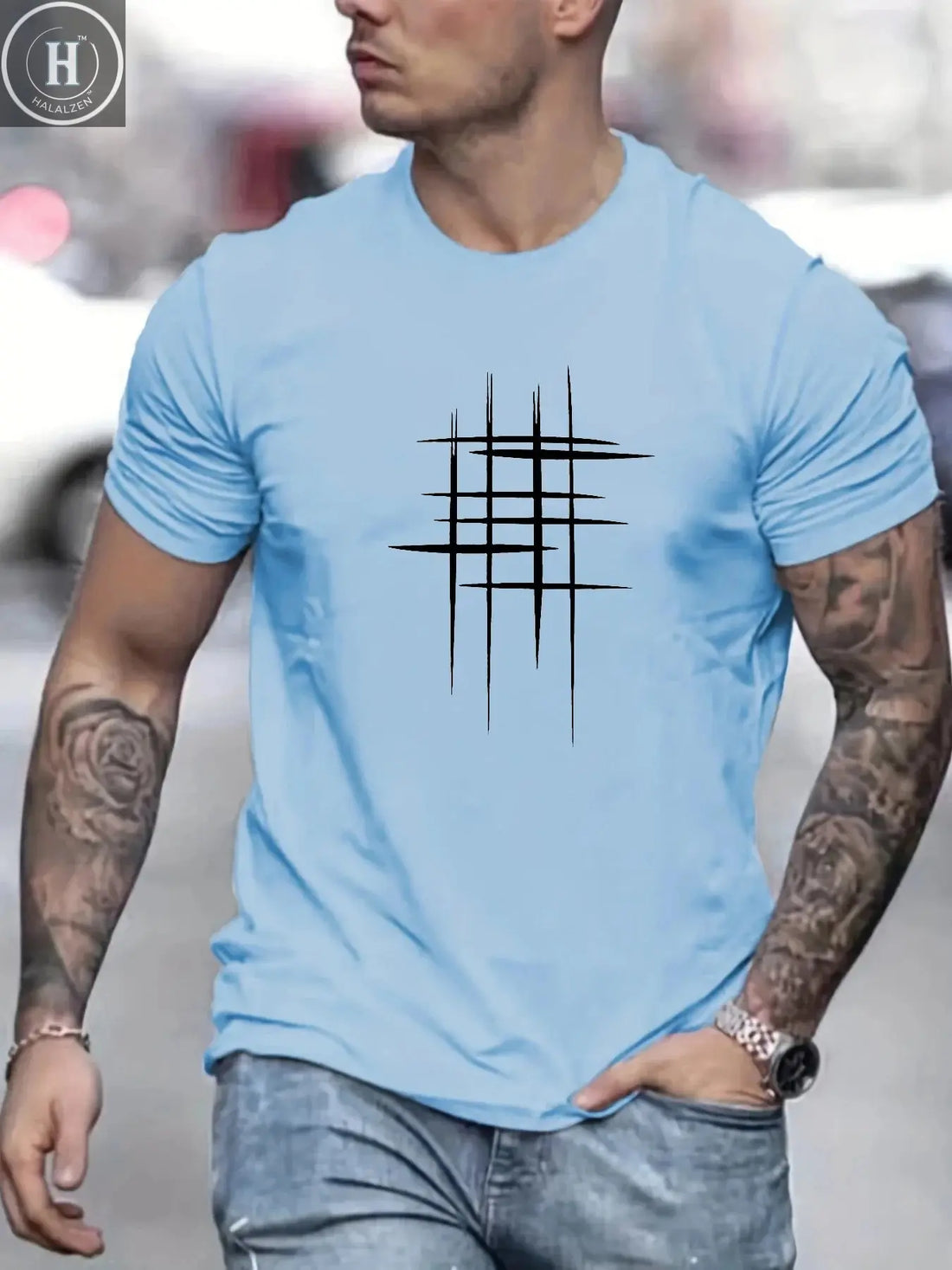 Summer Men's 100% Cotton Casual Loose Size Graphic Line Print Round Neck Short Sleeve T-shirt Top HALALZEN
