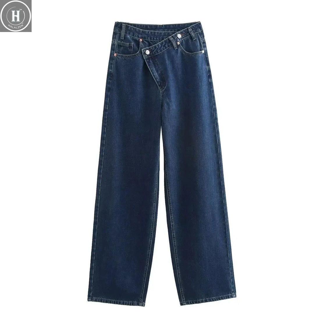 HH Women's Street Fashion Wide-leg Jeans Double-clad Pants With Pockets High Waist Solid Asymmetric Retro Straight Trousers Halalzen UK