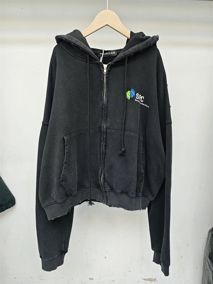 Retro Black PROJECT G/R Zipper Hoodie Wear Out Loose Casual Men's