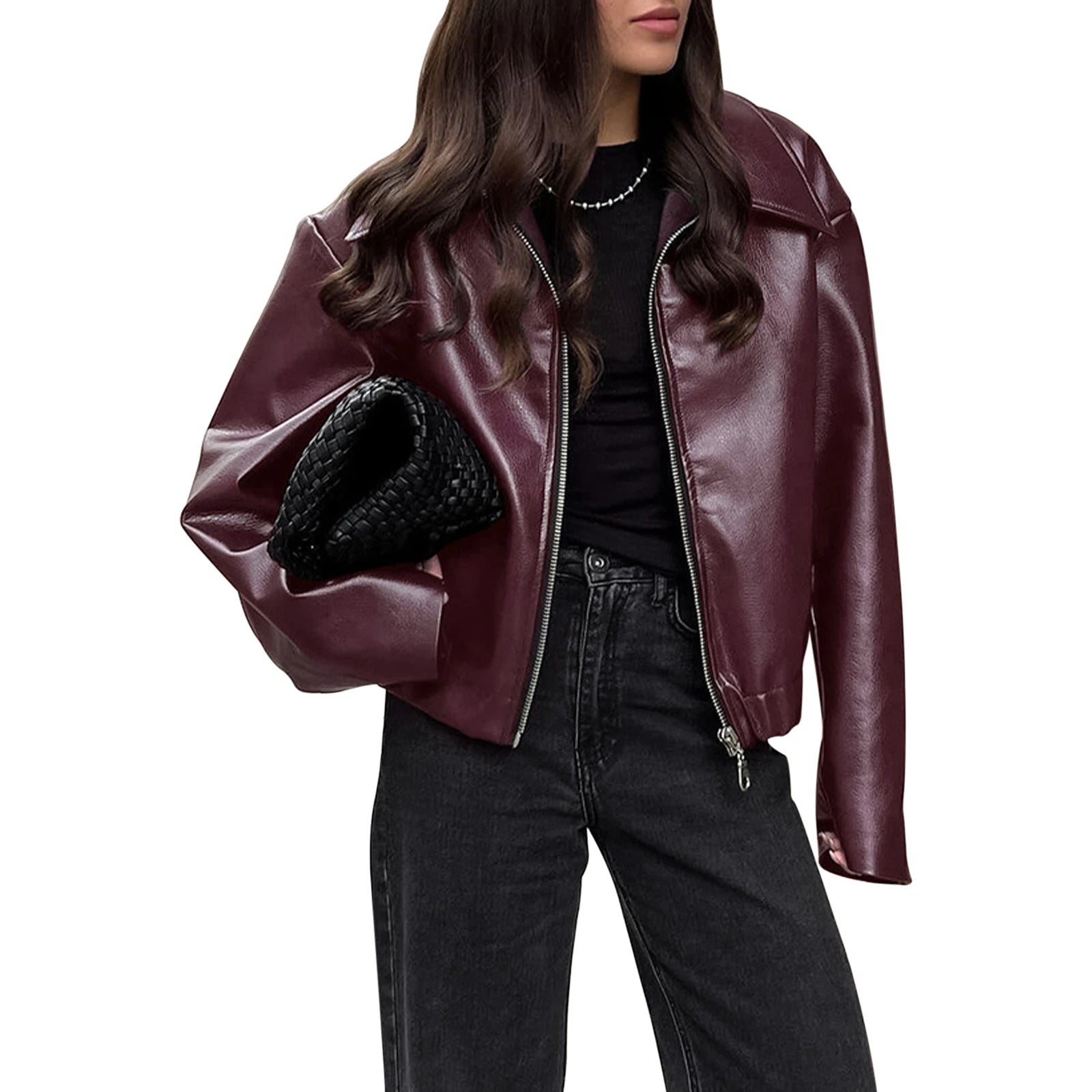 Women s Faux Leather Moto Jacket with Removable Hood Vintage Long Sleeve Lapel Collar Zip Up Biker Coat Outwear