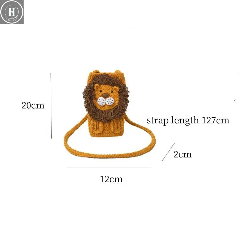 Crochet Shoulder Bag Creative Mobile Phone Bag Lion Knitted Handbag Adorable Cartoon Wool Knitting Bag For Young Women Casual HALALZEN