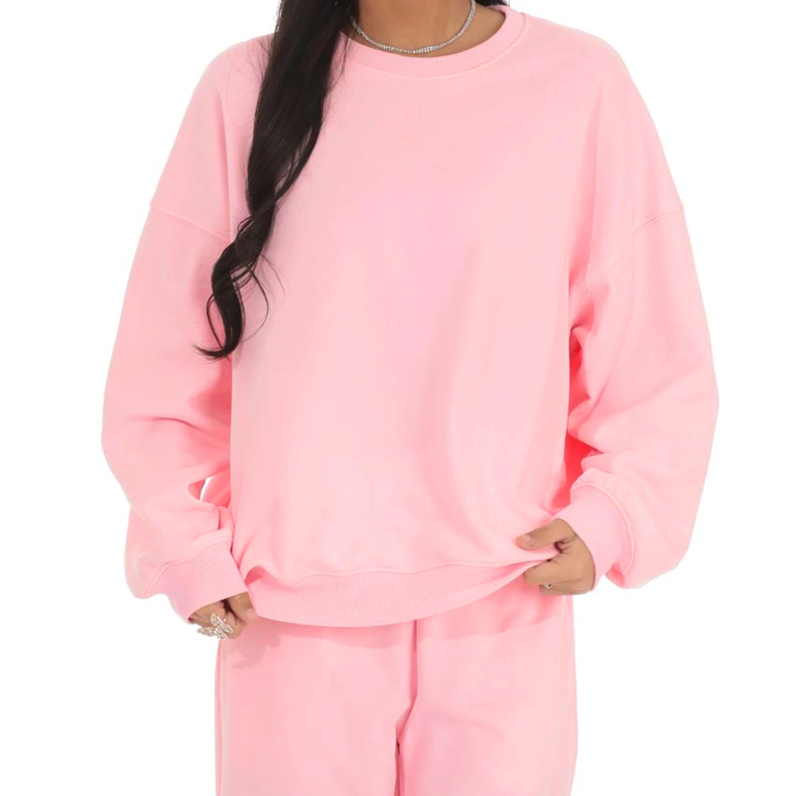 Women’s Solid Color Two Piece Outfits Long Sleeve Round Neck Sweatshirt and Straight Leg Pants Set Loungewear