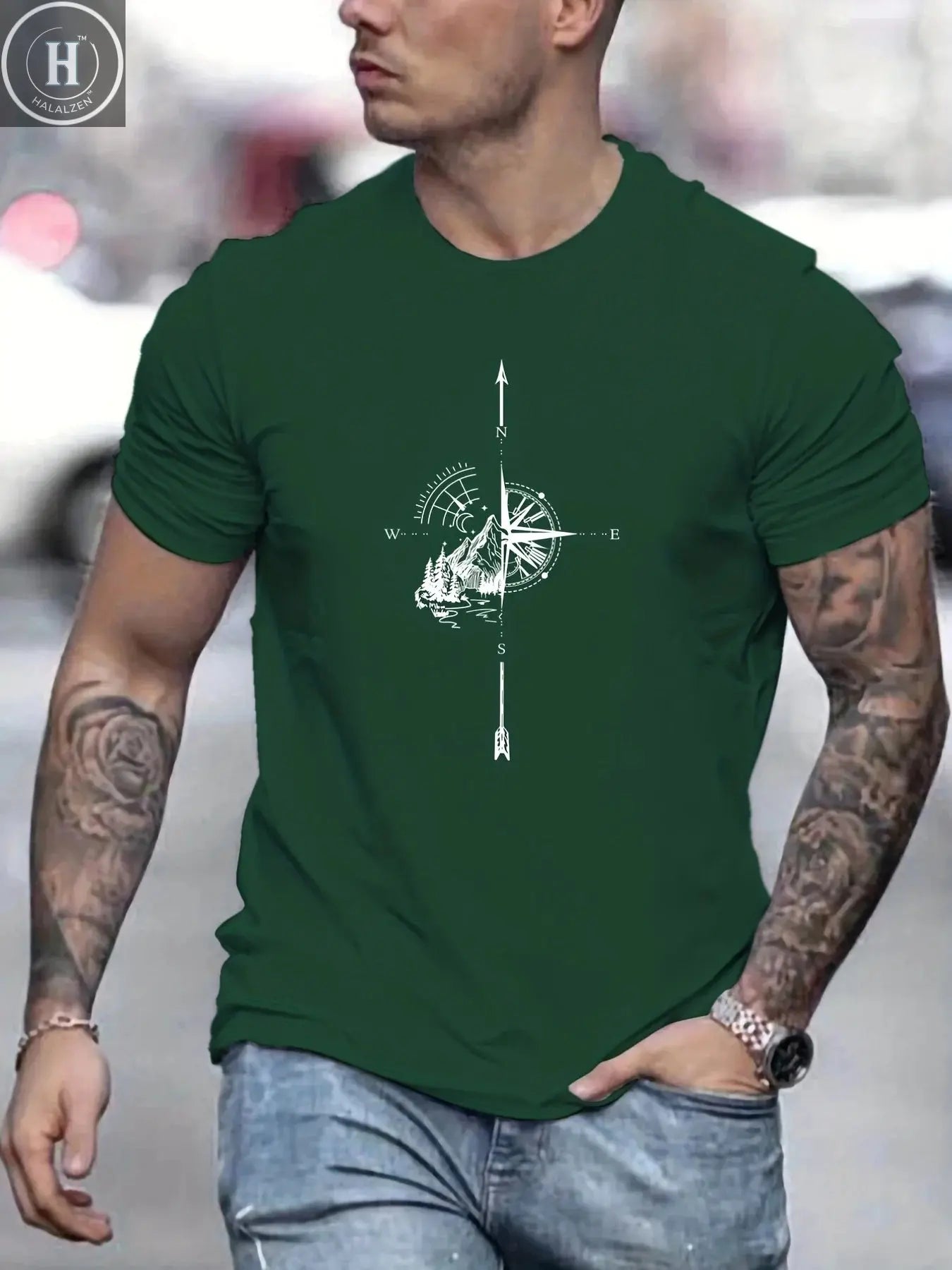 Men's Summer Casual Loose Size 100% Cotton Mountain Compass Pattern Print Round Neck Short Sleeve T-shirt Top HALALZEN
