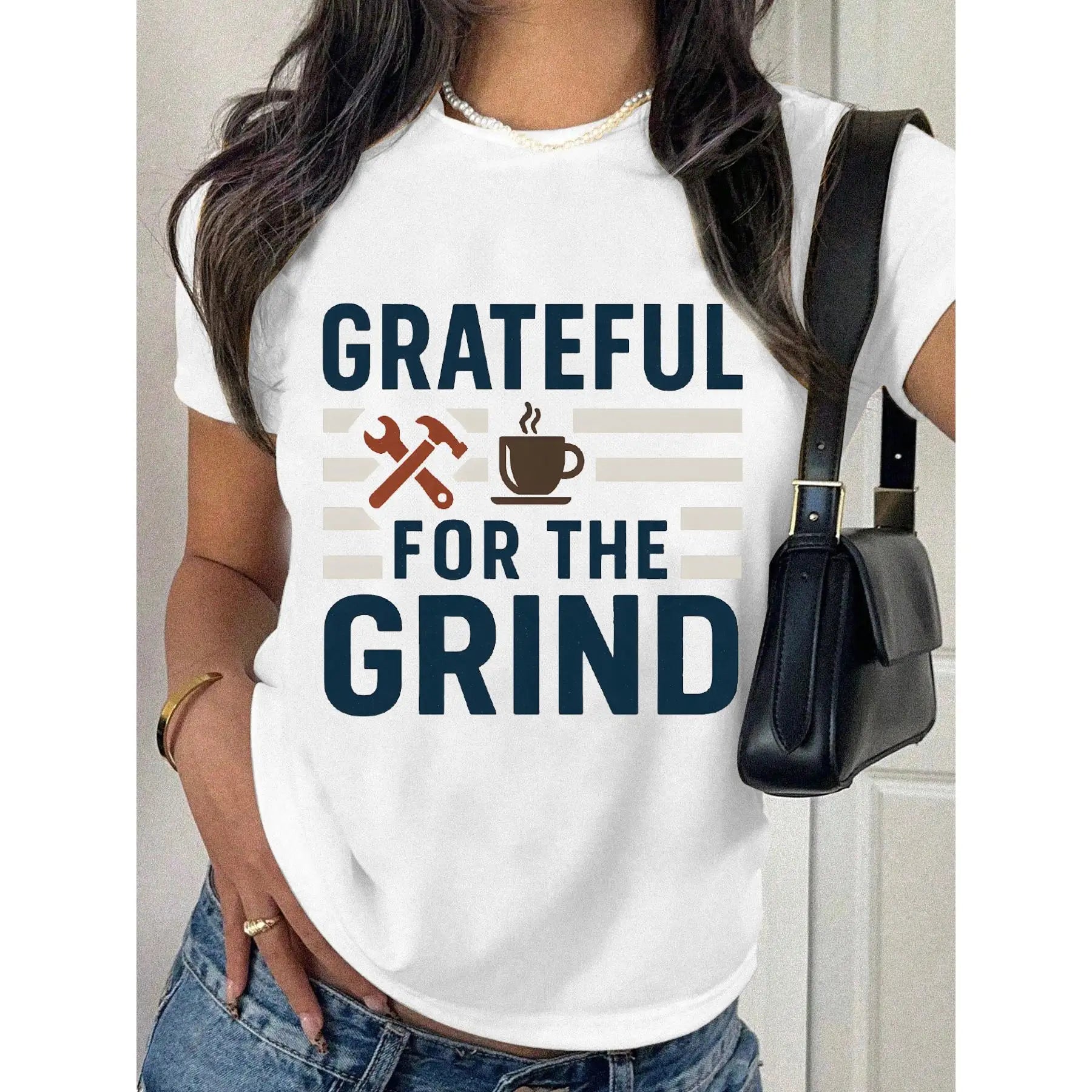 "Grateful For The Grind T-Shirt for Women | Funny Work Quote Graphic Tee | Motivational Hard Worker Gift"
