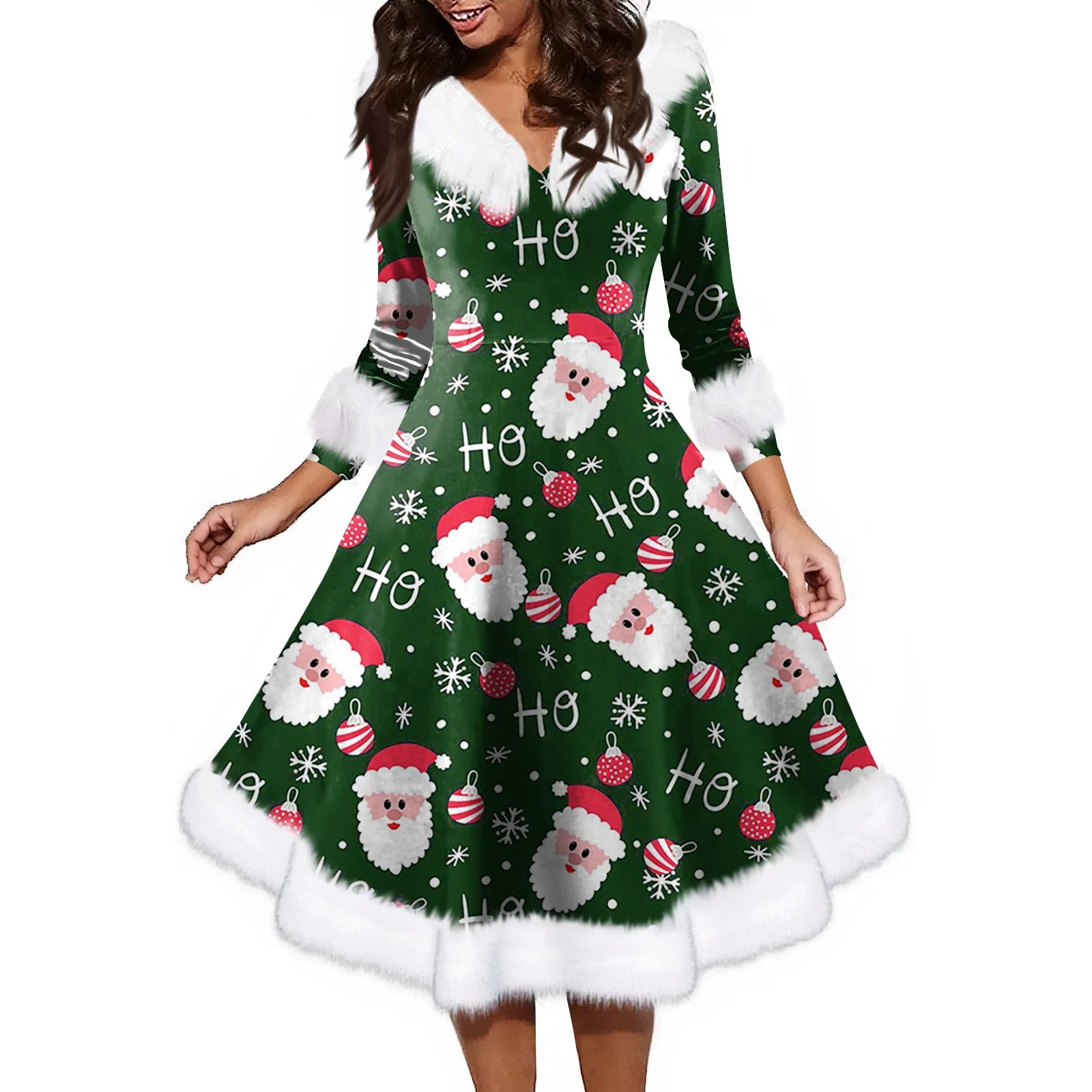 Women'S Fashion V-Neck Casual Fit Christmas Print Party Long Sleeve Dress Elegant Dresses