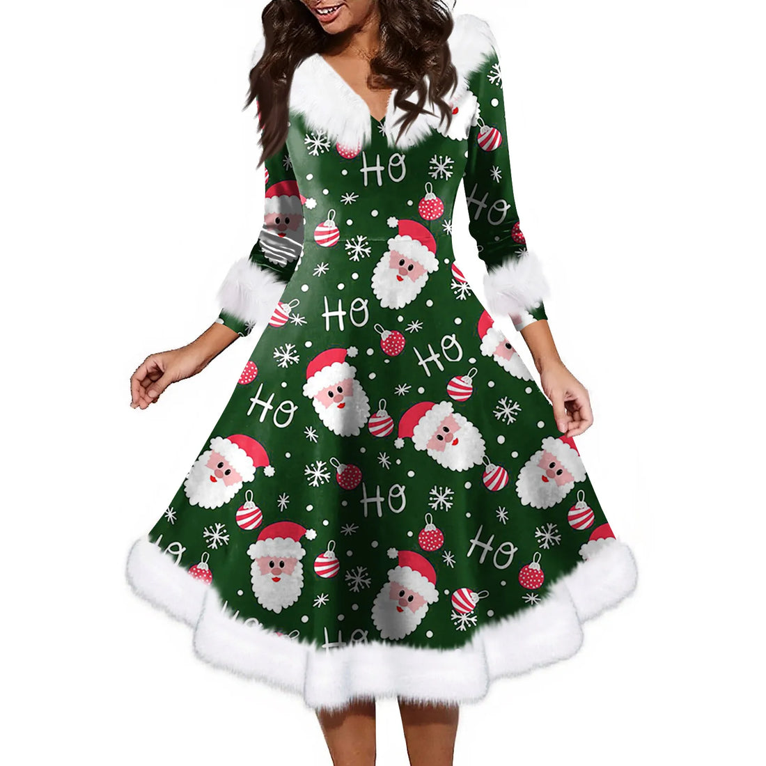 Women'S Fashion V-Neck Casual Fit Christmas Print Party Long Sleeve Dress Elegant Dresses