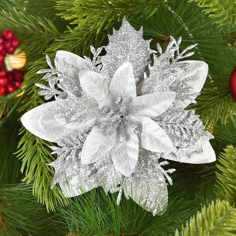 5/10Pcs 14cm Glitter Artificial Christmas Flowers Xmas Tree Ornaments Merry Christmas Decorations for Home New Year Gift Navidad