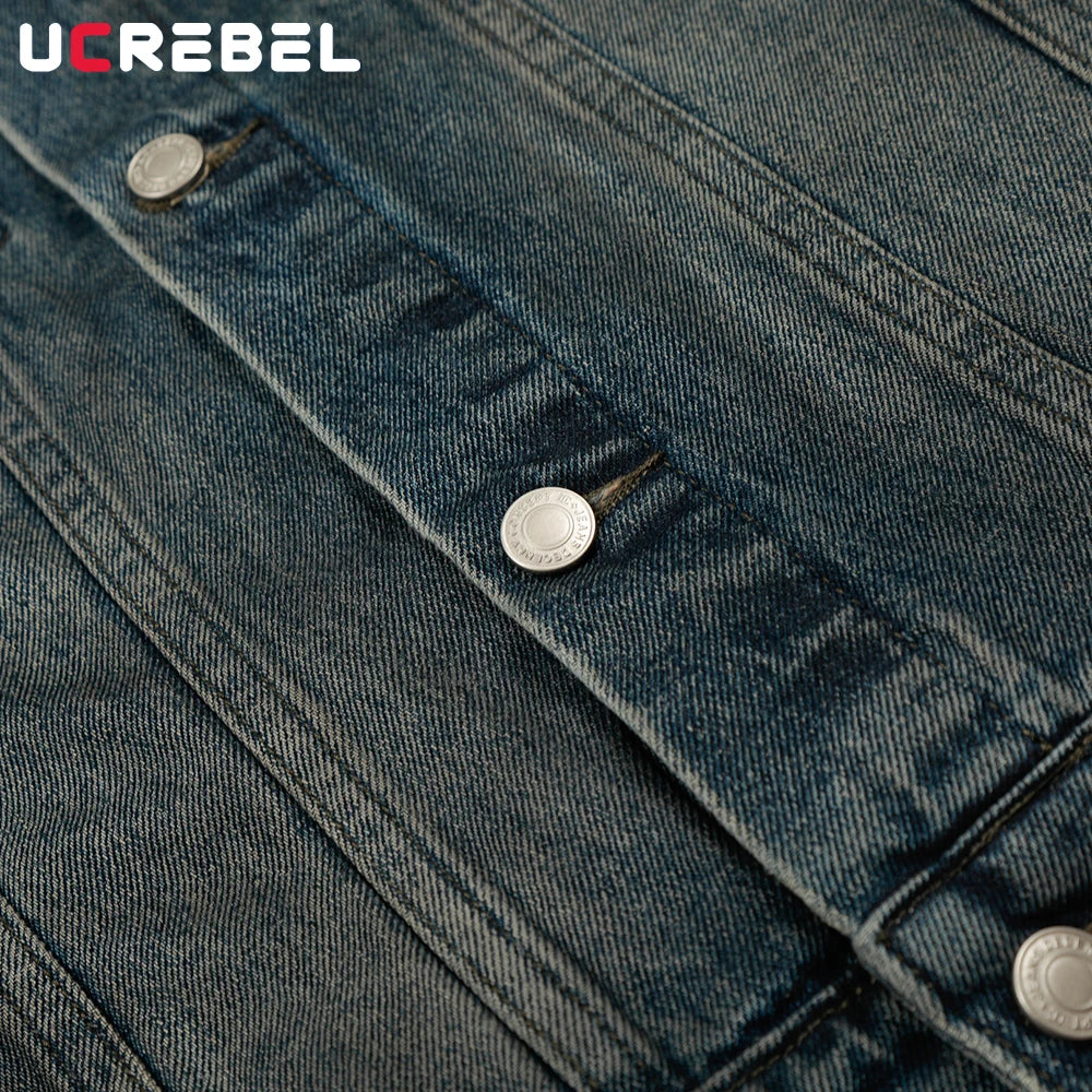 Pocket Spliced Denim Jacket Mens Autumn Winter Retro High Street Washed Distressed Lapel Single Breasted Cowboy Jacket Man