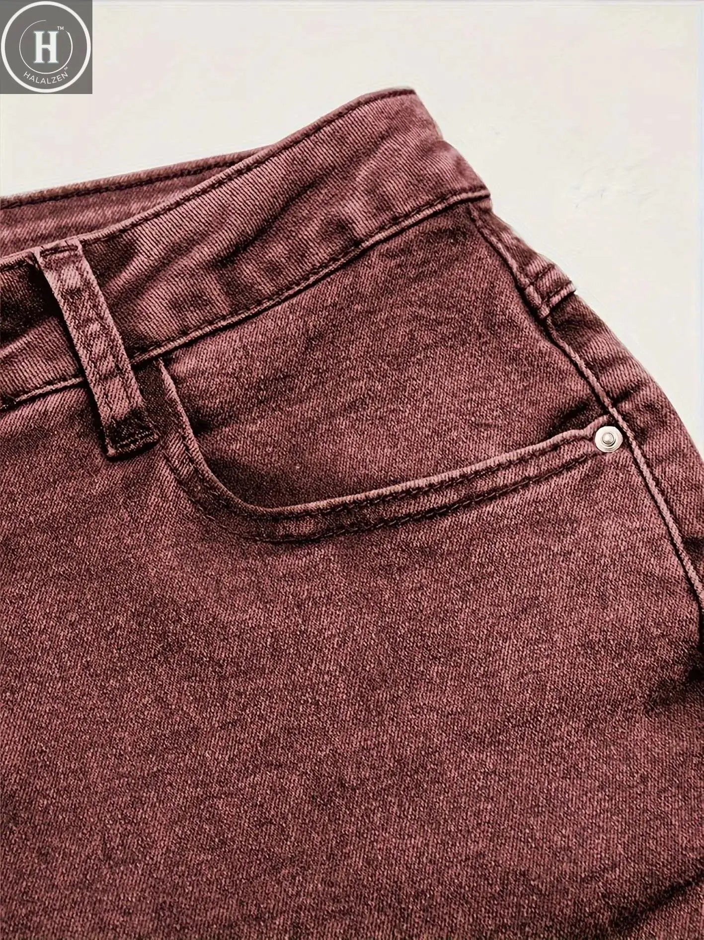 Women's slim fit fashion red jeans, flare style, mid-rise elastic design Plain Pocket Zipper Button Daily Halalzen UK