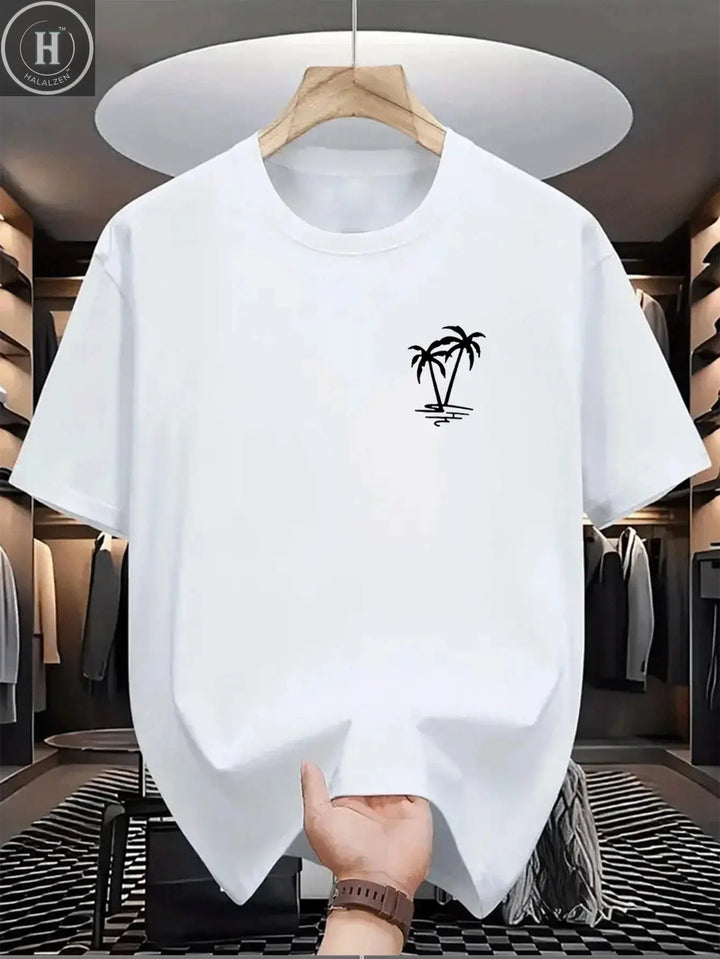 Men's summer 100% cotton fashionable casual loose coconut tree pattern printed sports round neck short sleeved T-shirt top HALALZEN