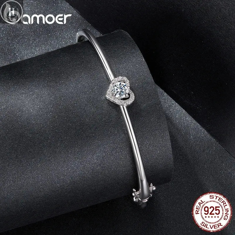 BAMOER 0.5CT Hollowed Heart Moissanite Bracelet Round Cut D Color Wrist Cuff Bangle 925 Sterling Silver for Women Wedding Gift HALALZEN