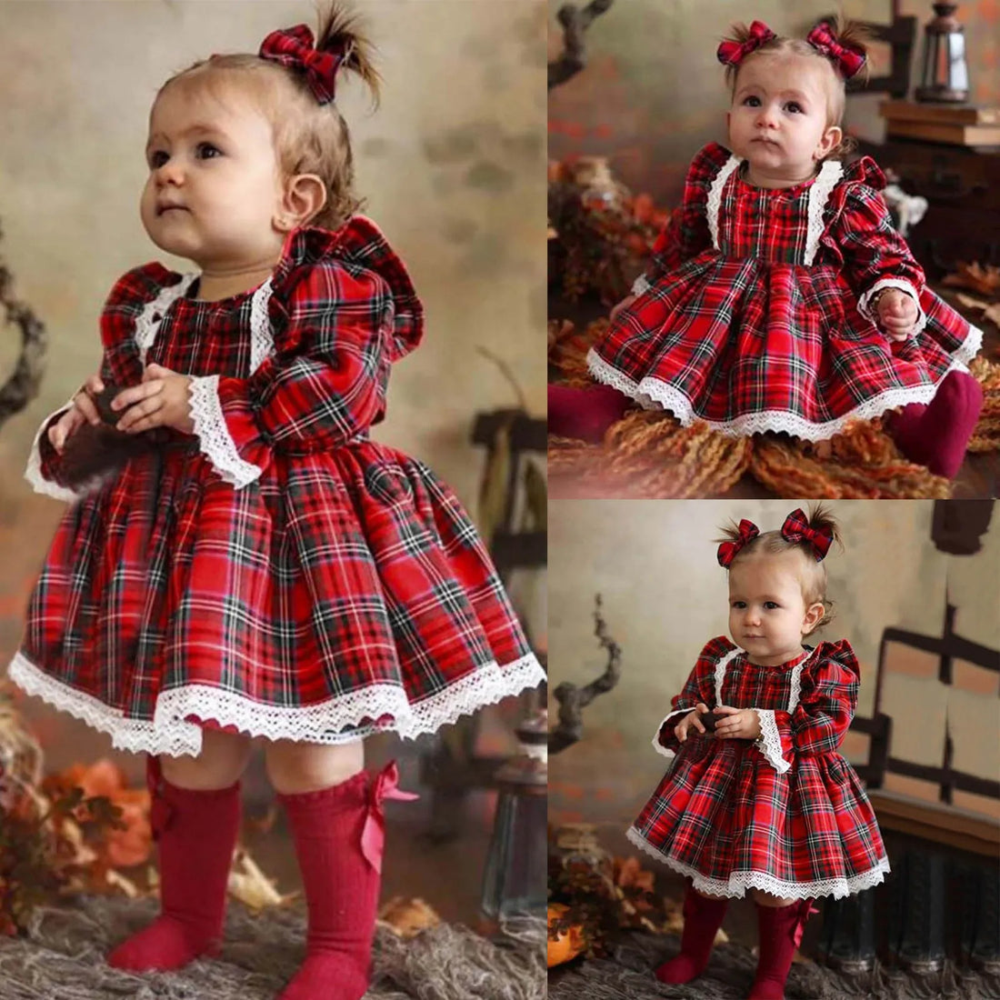 Baby Girl Dress 2025 Toddler Girls Christmas Long Sleeved Lace Plaid Printed Patchwork Dress Xmas Chiffon Outfit For Little Girl
