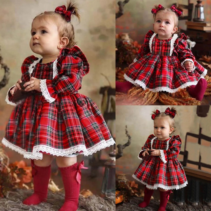 Baby Girl Dress 2025 Toddler Girls Christmas Long Sleeved Lace Plaid Printed Patchwork Dress Xmas Chiffon Outfit For Little Girl