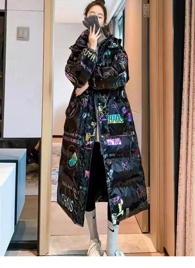 New Glossy Print Down cotton Jacket for women Winter 2024 Loose Thick Women Hooded Parka Coat Windproof Rainproof Long Overcoat