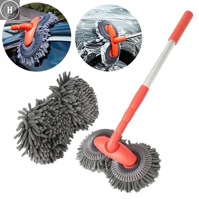 Car Washer Mop Foam Wash Brush Double Brush Head Roof Window Cleaning Maintenance Three-Section Telescopic Mop Car Accessories HALALZEN