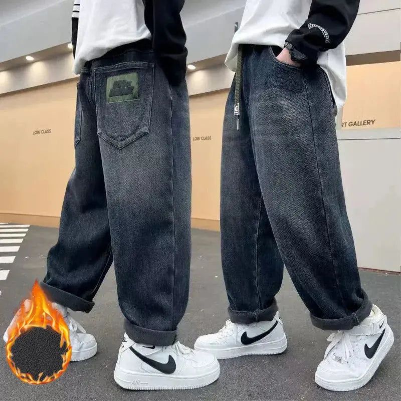 Kids Autumn Winter Fleece-lined Warm Denim Pants 5-14 Years Boys Fashion Letters Straight Loose Jeans Casual Sports Trousers HALALZEN