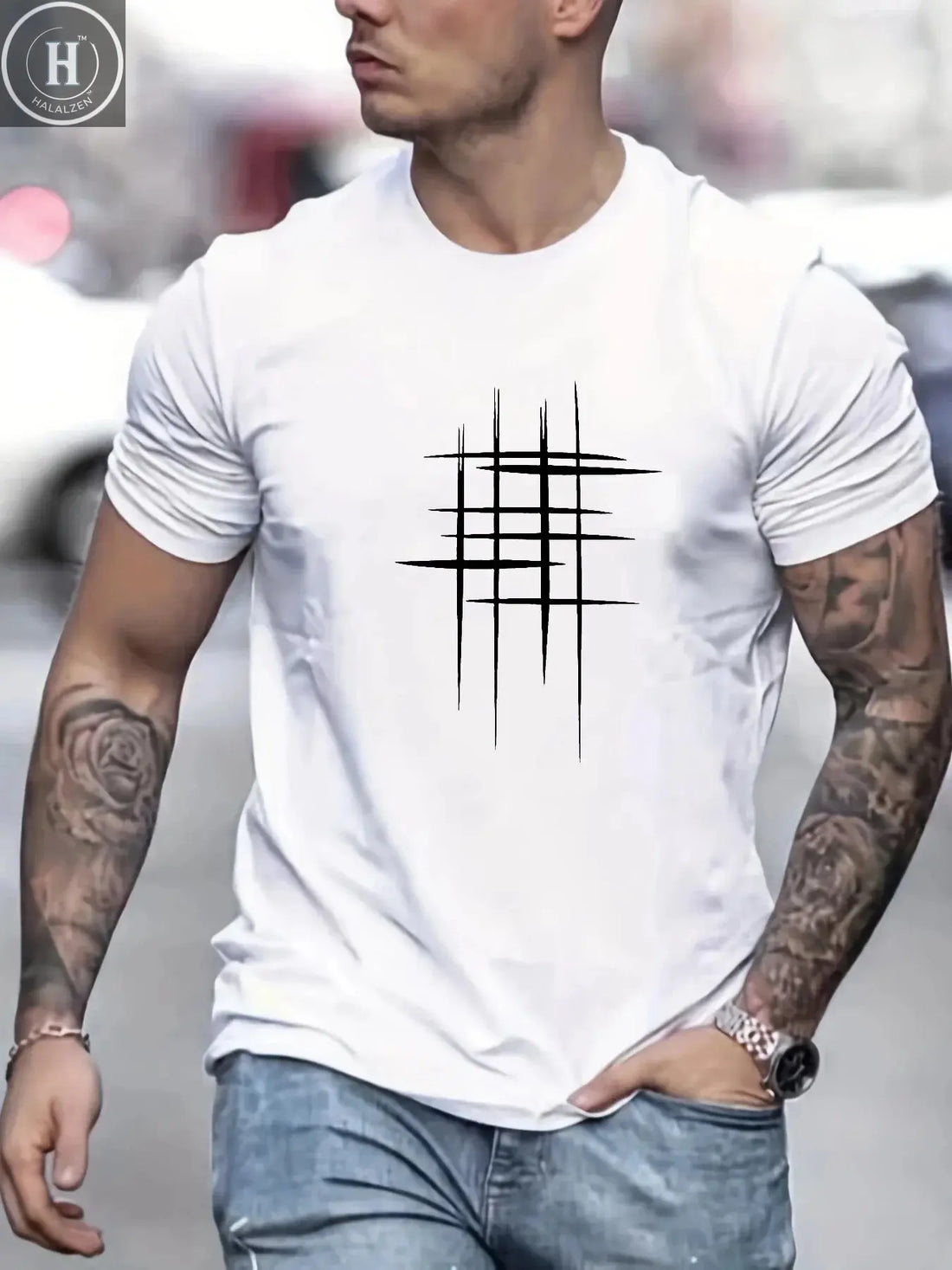 Summer Men's 100% Cotton Casual Loose Size Graphic Line Print Round Neck Short Sleeve T-shirt Top HALALZEN