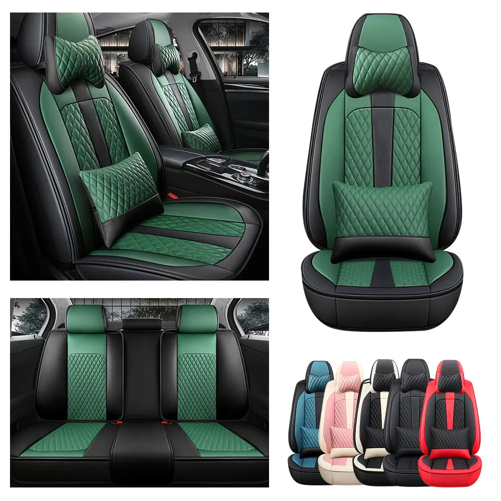 5 Sets Of Luxurious Universal Seat Covers In Black And Green Colors, Including Standard Waterproof Headrests And Lumbar Pillows