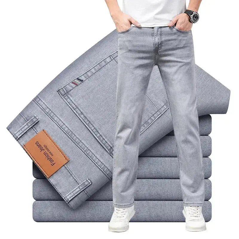 Summer Elastic Men's Jeans Fashion Gray Comfortable Business Straight Stretch Cotton Casual Denim Pants Brand Male Thin Trousers Halalzen UK
