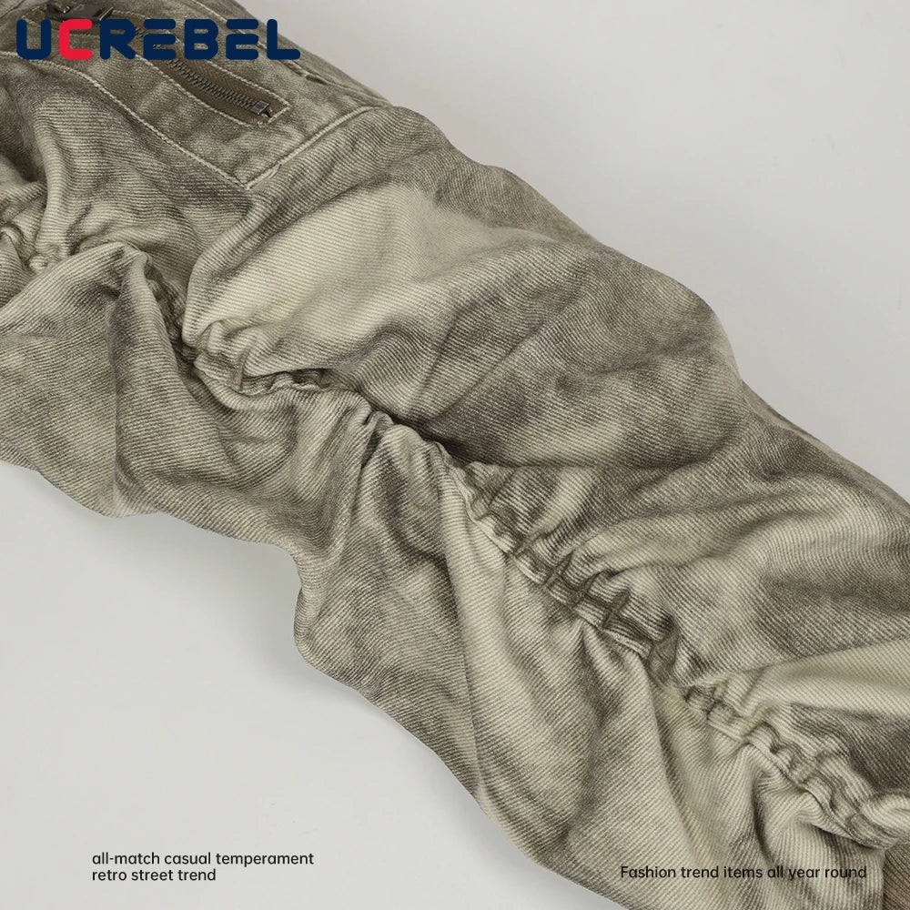 Retro Distressed Cargo Jacket Mens Pocket Autumn High Street Stand Collar Pleated sleeves Outerwear Man