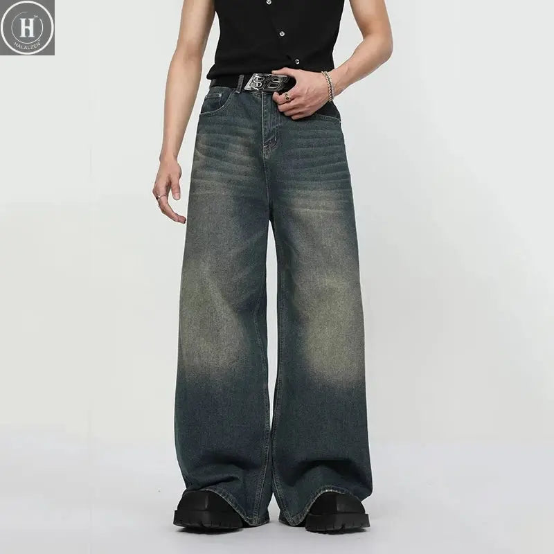 Summer Men Denim Jeans Male Wash Straight Wide Leg Baggy Loose Trousers New Fashion High Street Hot Sale Casual Trousers Halalzen UK
