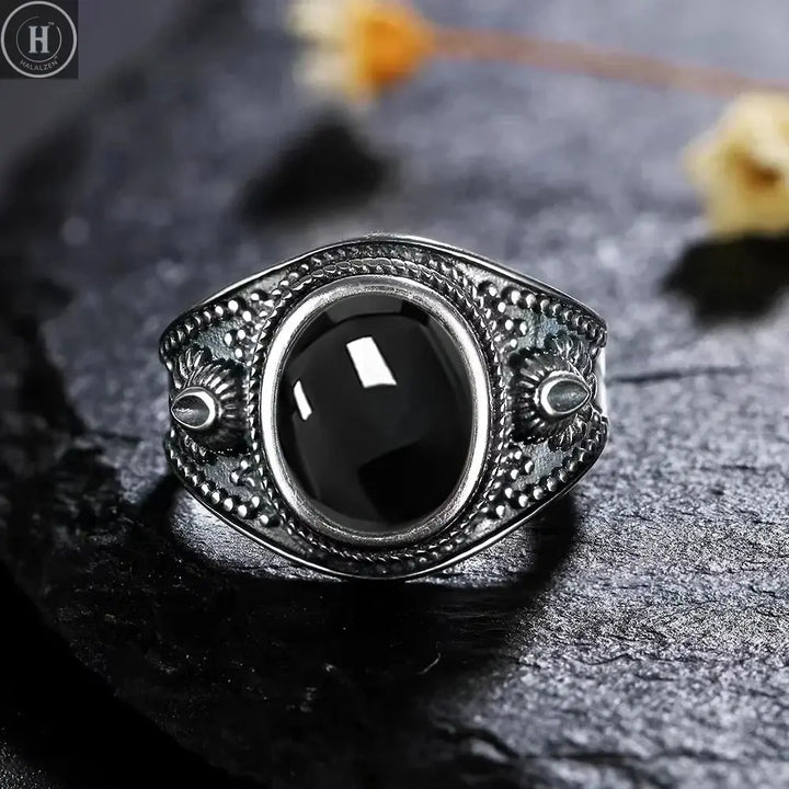 Sterling Silver 925 Vintage Rings Oval 8X10mm Rings Black Onyx Natural Fine Jewelry For Men Women Rhodochrosite Rings HALALZEN