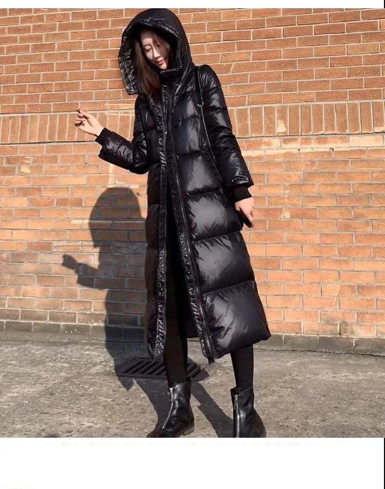 Black Glossy Parka Coat Women's 2024 Fashion Thicken Winter Hooded Loose Long Jacket Female Windproof Rainproof Warm Outwear