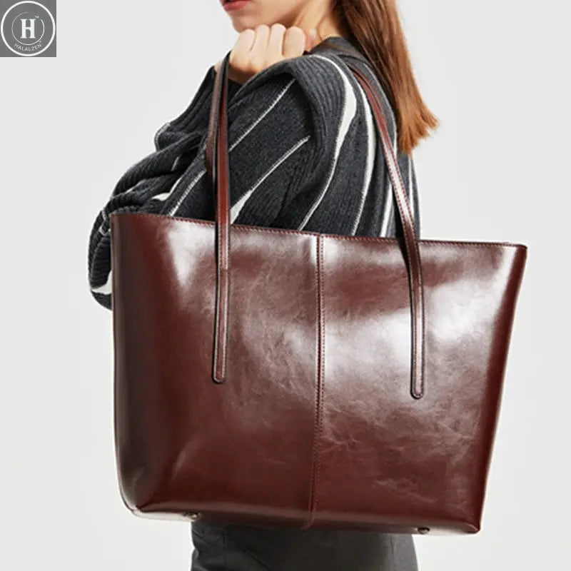 Burminsa Cowhide Genuine Leather Large Tote Bags For Women 2026 Luxury Designer Commuter Shoulder Bags Shopper Ladies Handbags HALALZEN