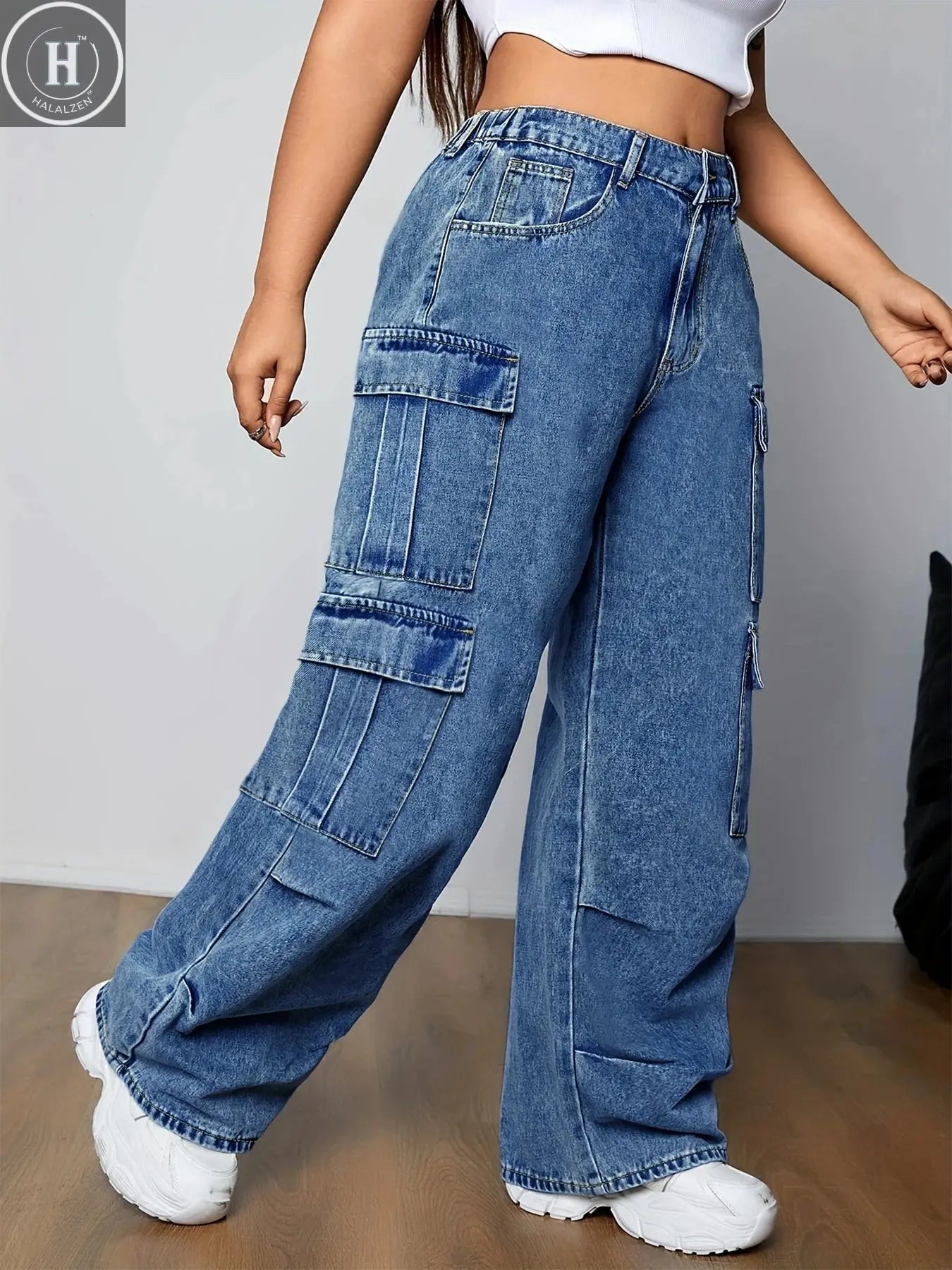plus Size Women's Workwear Straight Leg Jeans Casual Double Pocket Elastic High Waist Wide Leg Denim Trousers Halalzen UK
