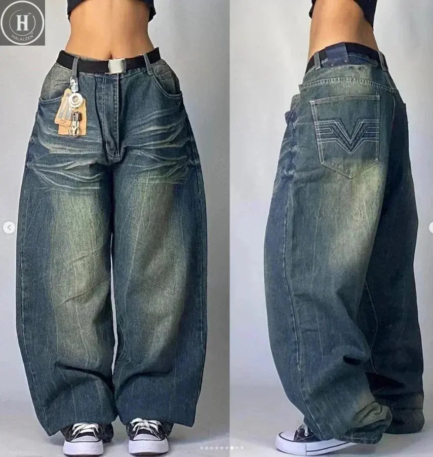 American Street Trend Letter Embroidered Loose Jeans Men Harajuku Y2K New Hip Hop Oversized Wide-leg Pants Unisex Mopping Jeans HALALZEN