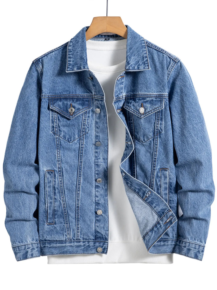Men's blue denim jacket for spring and autumn. Multi-pocket design. Regular size with a stylish street casual style.
