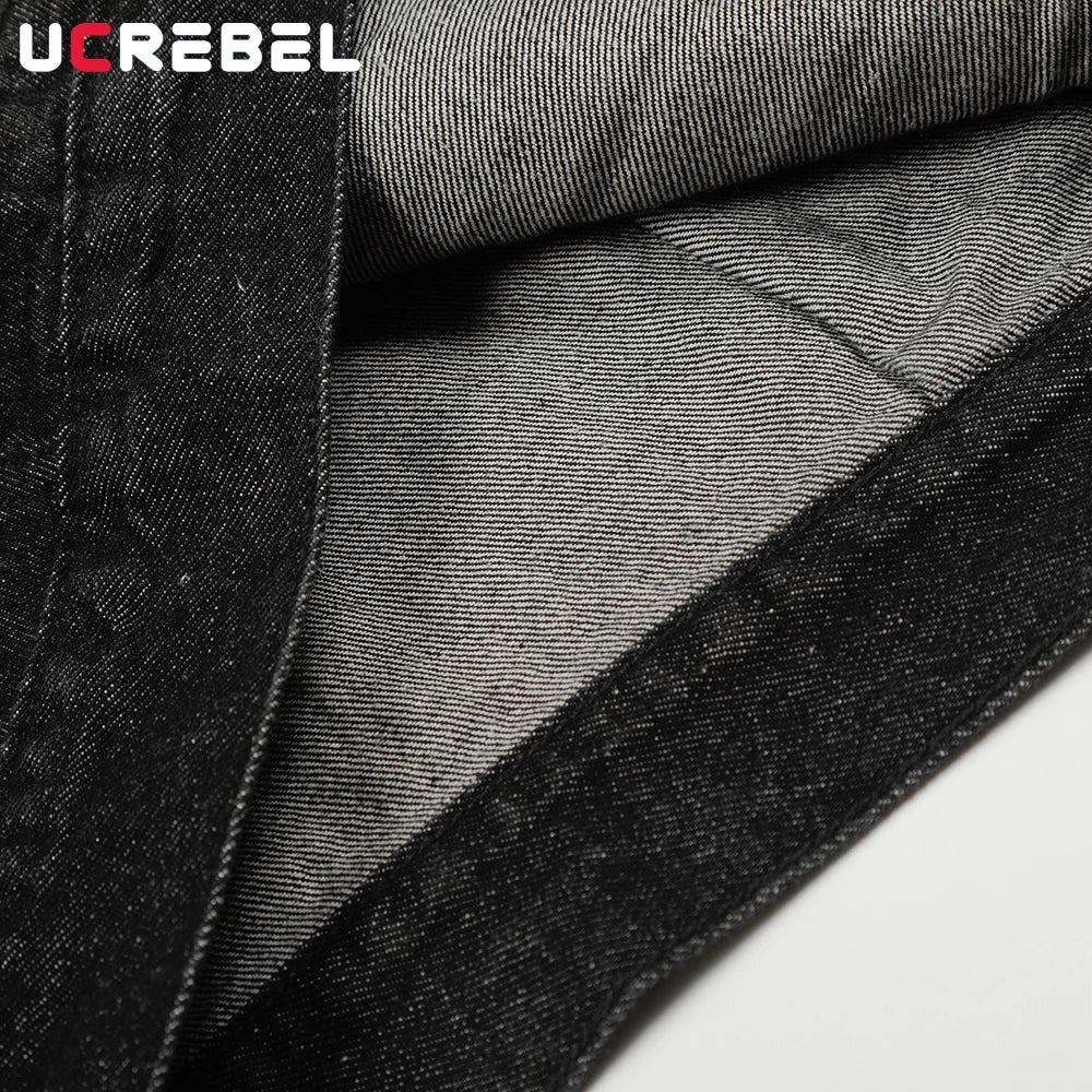 Spliced Raw Denim Jacket Mens with Rivets Retro High Street Autumn Winter Lapel Long Sleeve Cowboy Jacket Man Outerwear