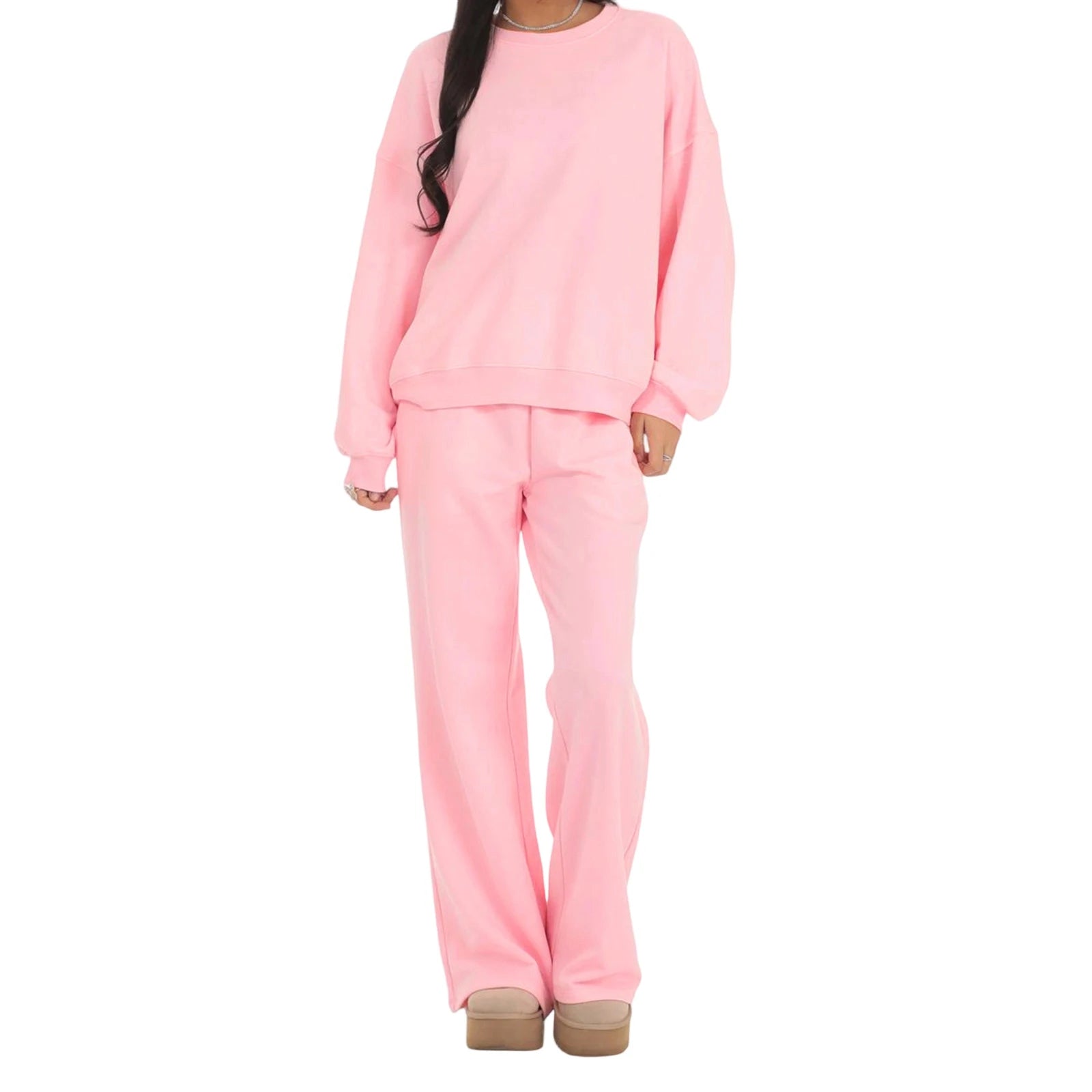 Women’s Solid Color Two Piece Outfits Long Sleeve Round Neck Sweatshirt and Straight Leg Pants Set Loungewear