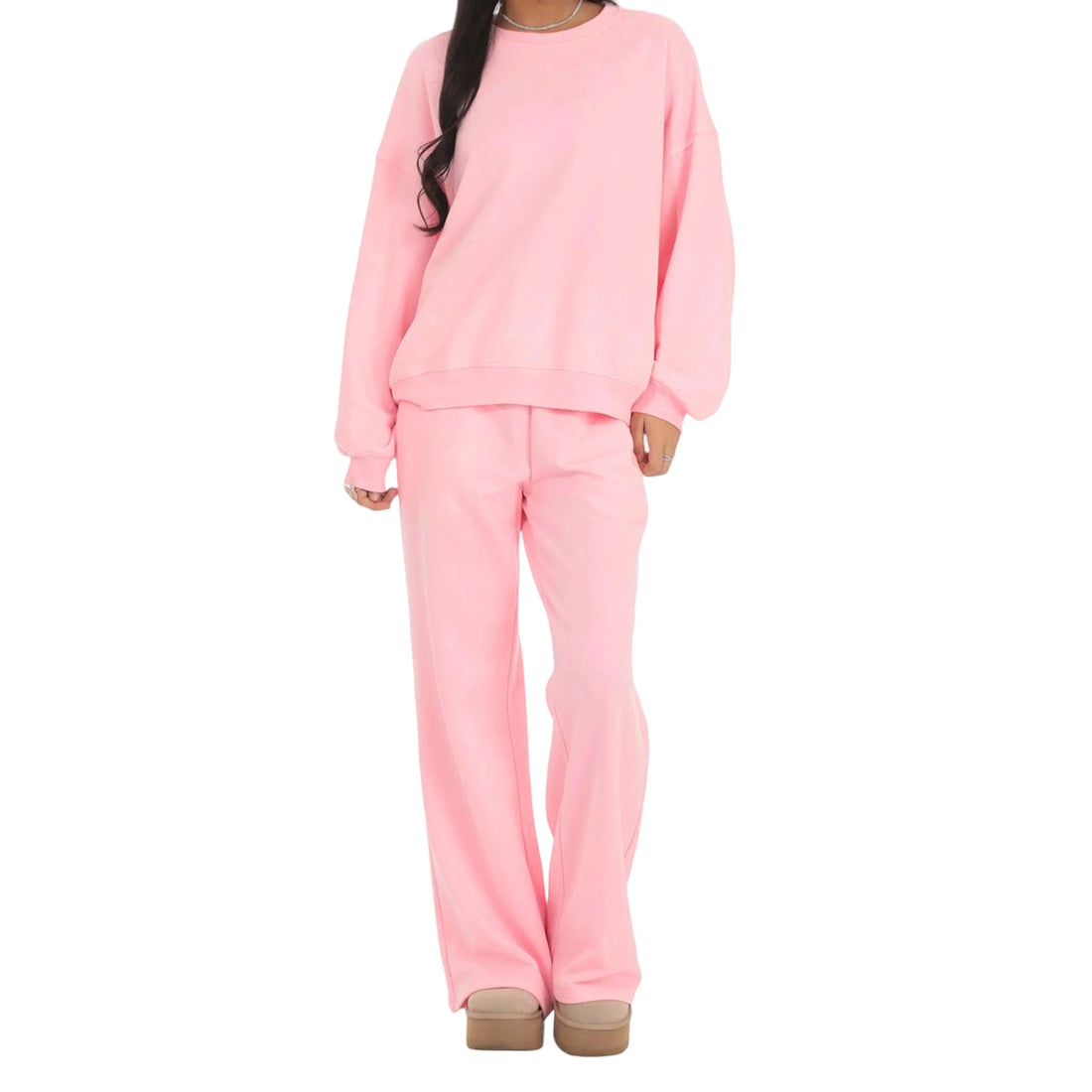 Women’s Solid Color Two Piece Outfits Long Sleeve Round Neck Sweatshirt and Straight Leg Pants Set Loungewear