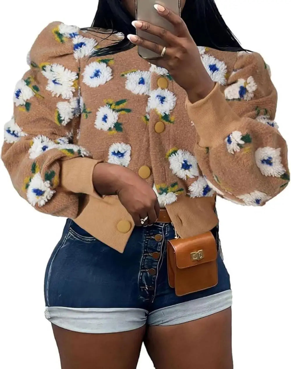 Wool Coats for Women Floral Puff Sleeve Embroidered Printing Short Fall Winter Jacket