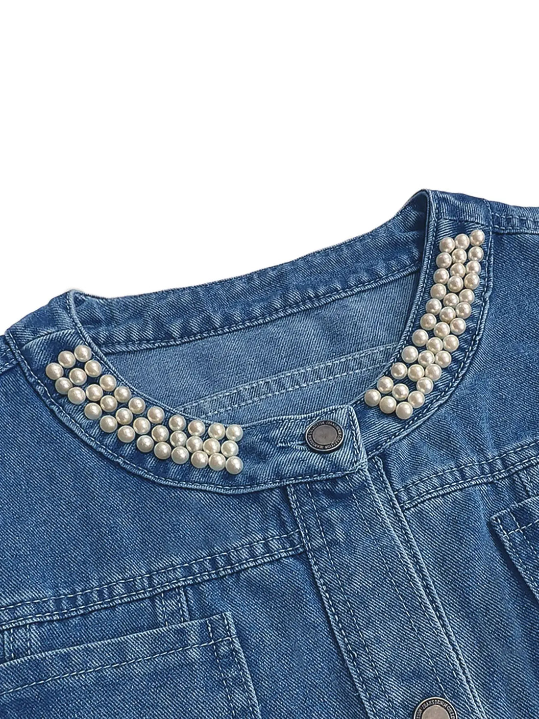 Plus Size Women's Short Denim Jacket Pearl Lace Design Elegant Comfortable Oversized Ladies' Jeans Jacket Halalzen UK